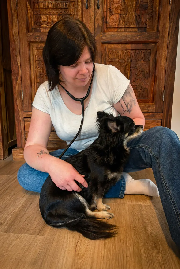 Yvonne Krüger hört einen kleinen schwarzen Hund mit dem Stethoskop ab, auf dem Boden des Wohnzimmers sitzend