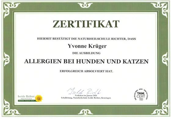 Zertifikat: Ausbildung Allergien bei Hunden und Katzen, Naturheilschule Isolde Richter